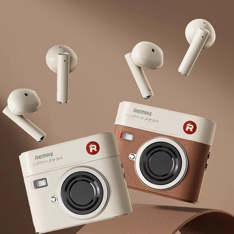 Camera Design True Wireless Bluetooth 5.3 Earphones Half in Ear Call Noise Cancellation Retro Leather Earbuds for Girl Gifts