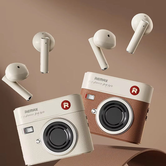 Camera Design True Wireless Bluetooth 5.3 Earphones Half in Ear Call Noise Cancellation Retro Leather Earbuds for Girl Gifts