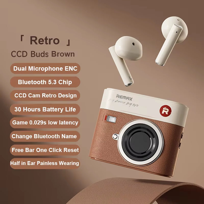 Camera Design True Wireless Bluetooth 5.3 Earphones Half in Ear Call Noise Cancellation Retro Leather Earbuds for Girl Gifts