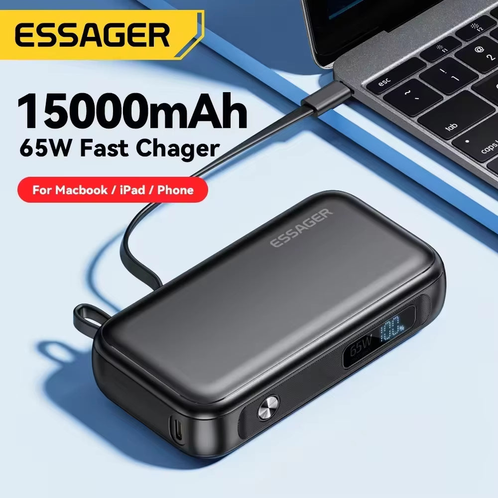 Power Bank Portable 15000Mah in with USB C Cable External Spare Battery Pack for Iphone Ipad Macbook 65W Fast Charger