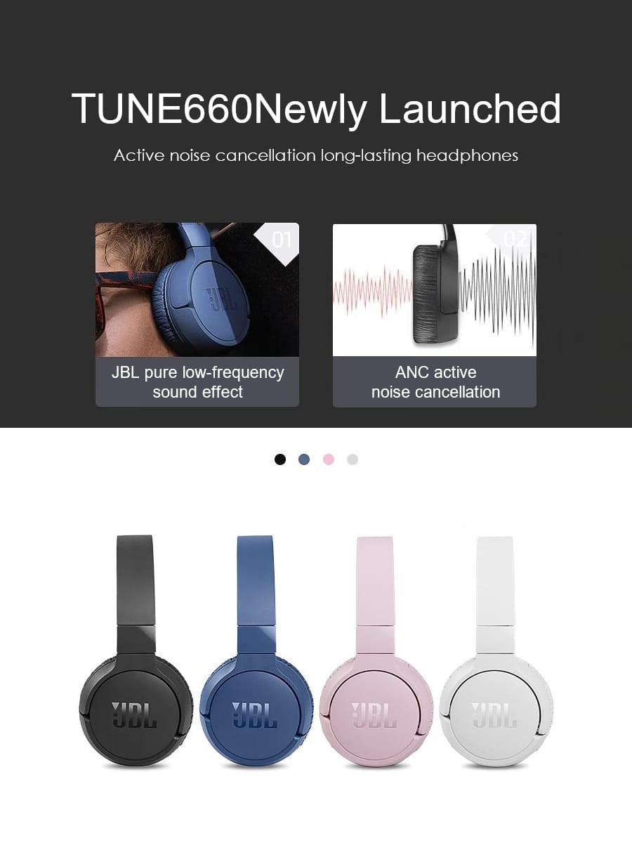 JBL TUNE 660NC Over-Ear Active Noise-Cancelling Wireless Bluetooth Headphones with Pure Low-Frequency Sound Effects, Long Battery Life, Portable, a Must-Have for Listening to Music.