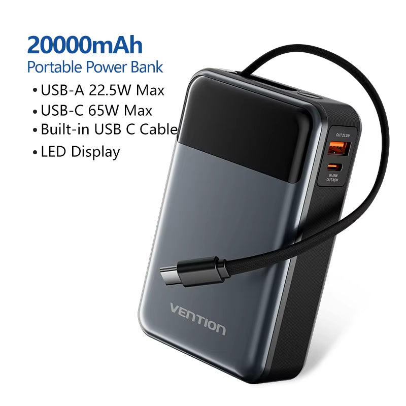 65W Portable Power Bank 20000Mah PD Fast Charging with Built-In USB Type-C Cable for Laptops Iphone 16 15 14 13 Pro Max