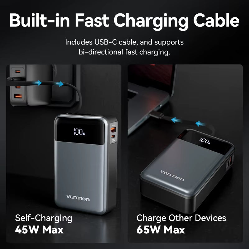 65W Portable Power Bank 20000Mah PD Fast Charging with Built-In USB Type-C Cable for Laptops Iphone 16 15 14 13 Pro Max