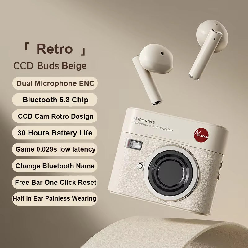 Camera Design True Wireless Bluetooth 5.3 Earphones Half in Ear Call Noise Cancellation Retro Leather Earbuds for Girl Gifts