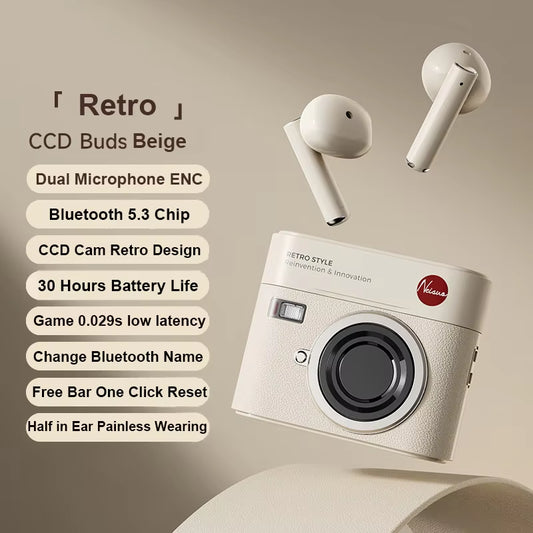 Camera Design True Wireless Bluetooth 5.3 Earphones Half in Ear Call Noise Cancellation Retro Leather Earbuds for Girl Gifts