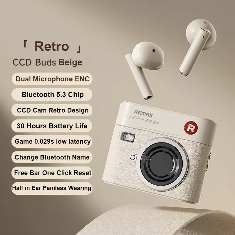 Camera Design True Wireless Bluetooth 5.3 Earphones Half in Ear Call Noise Cancellation Retro Leather Earbuds for Girl Gifts