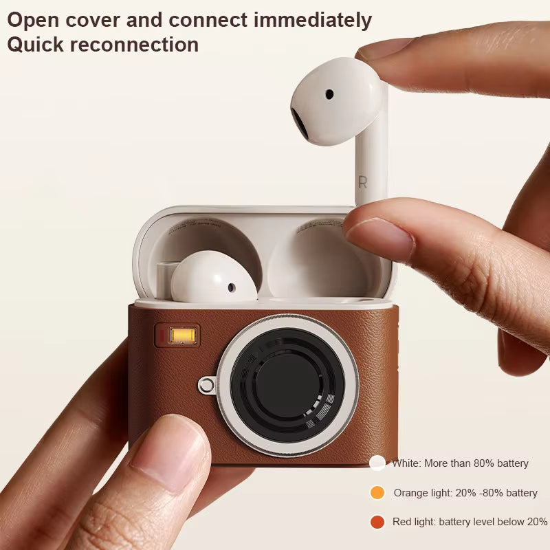 Camera Design True Wireless Bluetooth 5.3 Earphones Half in Ear Call Noise Cancellation Retro Leather Earbuds for Girl Gifts
