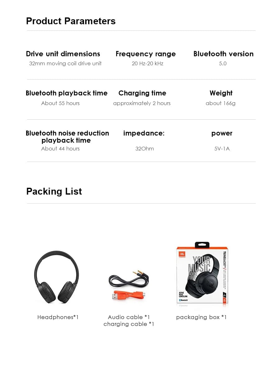 JBL TUNE 660NC Over-Ear Active Noise-Cancelling Wireless Bluetooth Headphones with Pure Low-Frequency Sound Effects, Long Battery Life, Portable, a Must-Have for Listening to Music.